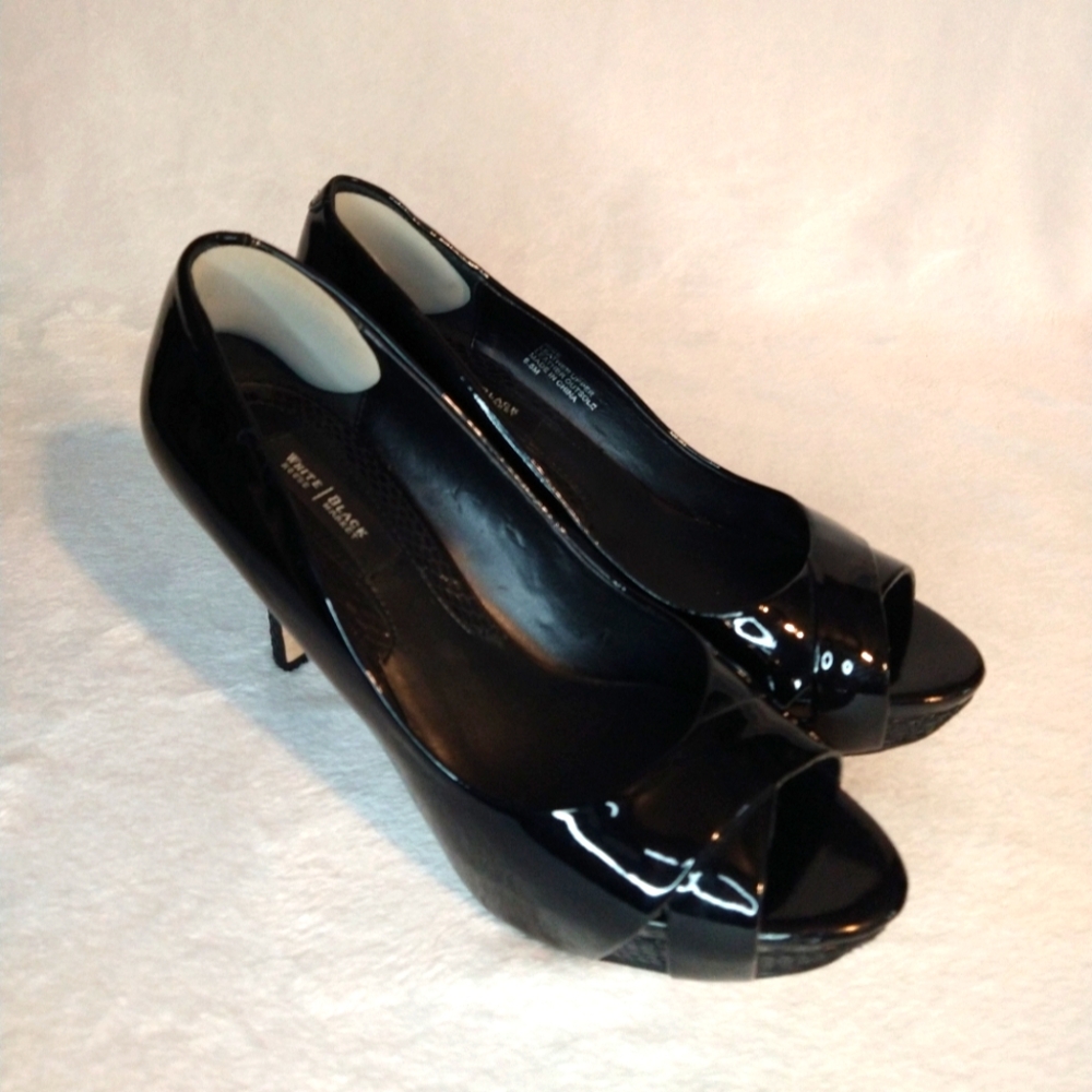 White House Black Market "Nice" Black Patent Leather Finish Peep Toe Heels